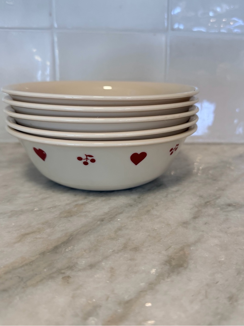 Corelle Cream Bowls with Red Heart & Cherry Motif - Set of 5
